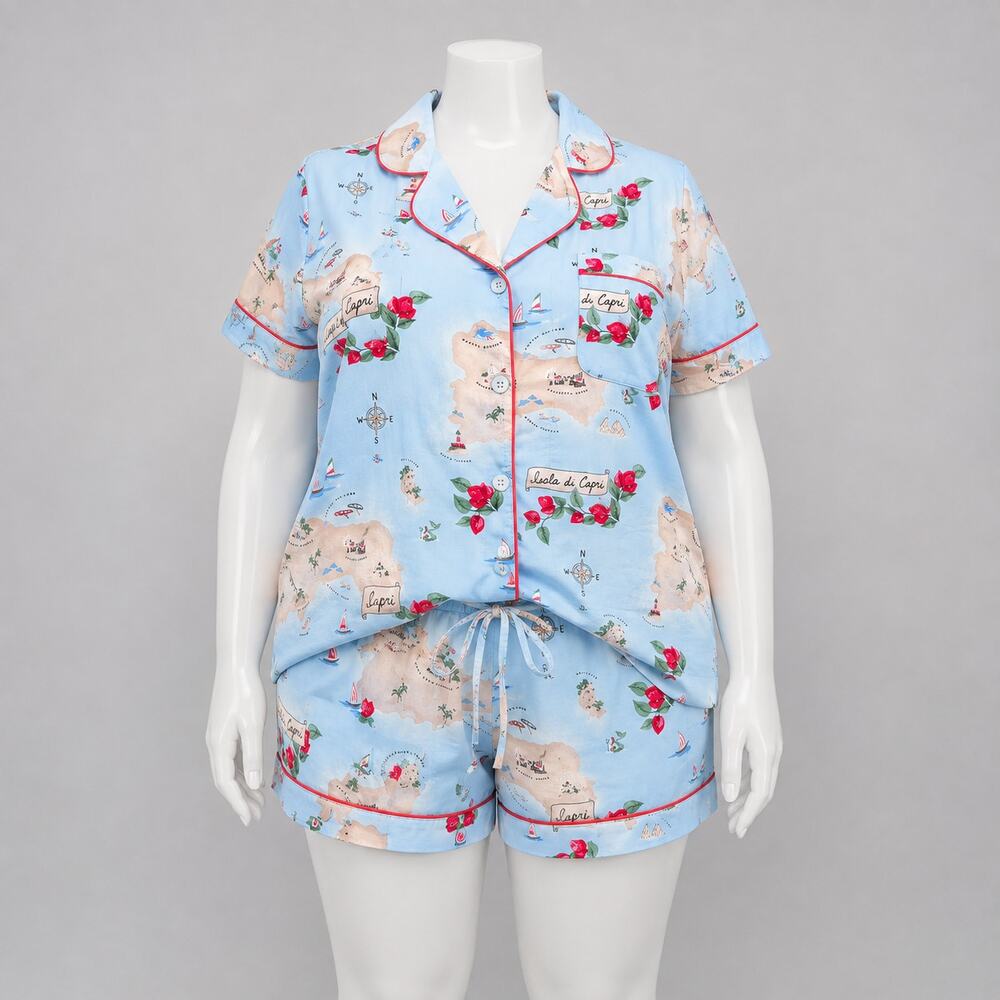 BedHead Ciao Capri Pajama Set Plus Size 1X Shorts Button Up Shirt Blue Cotton